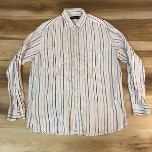 Tasso Elba Shirt Mens Large 100% Linen White Brown Striped Button Up Long Sleeve
